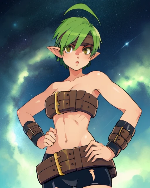 Valkyrie, short green pixie cut,headband,pointy ears, standing, solo, upper body hands in hips, 
VAtt,bare shoulders, brown belt,armored boots,bike shorts,midriff,beltbra,beltskirt, belt bracers, 
outer space, stars, 
 (insanely detailed, beautiful detailed face, masterpiece, best quality)    