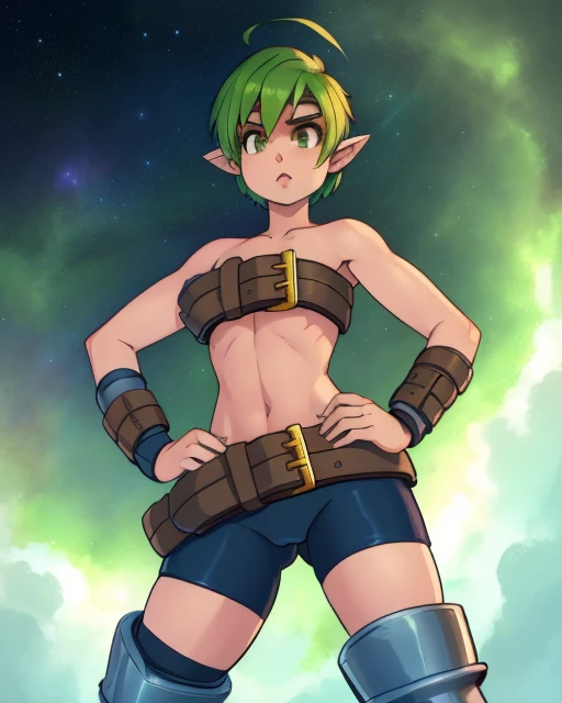 Valkyrie, short green pixie cut,headband,pointy ears, standing, solo, upper body hands in hips, 
VAtt,bare shoulders, brown belt,armored boots,bike shorts,midriff,beltbra,beltskirt, belt bracers, 
outer space, stars, 
 (insanely detailed, beautiful detailed face, masterpiece, best quality)    