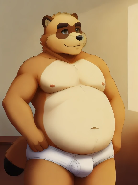 (obese, overweight, anthro, male),(detailed eyes, detailed face), (Mr kuri, two-tone fur, brown snout, brown mouth, tanuki, old man), (flat shading, flat color, high brightness), (white briefs), standing, (arms behind back), smile (konzaburou, ukan_muri, cute), bedroom