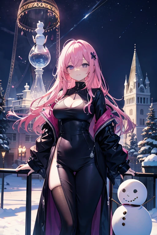a pink haired woman with violet eyes with a hourglass figure is standing by a snowman
