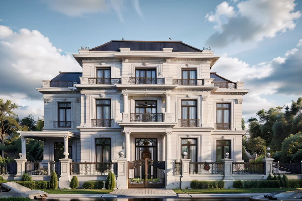 Garden villa, with swimming pool, garden, neoclassical styleModern style, masterpiece, surreal, rendered by Vray 2023, Vantage, rendered 8k, 16k, ultra HD, iron patterned railing, door and windows with Shing Fa aluminum glass frames, Natural light, cloudy, daylight, fence around the house, 8K