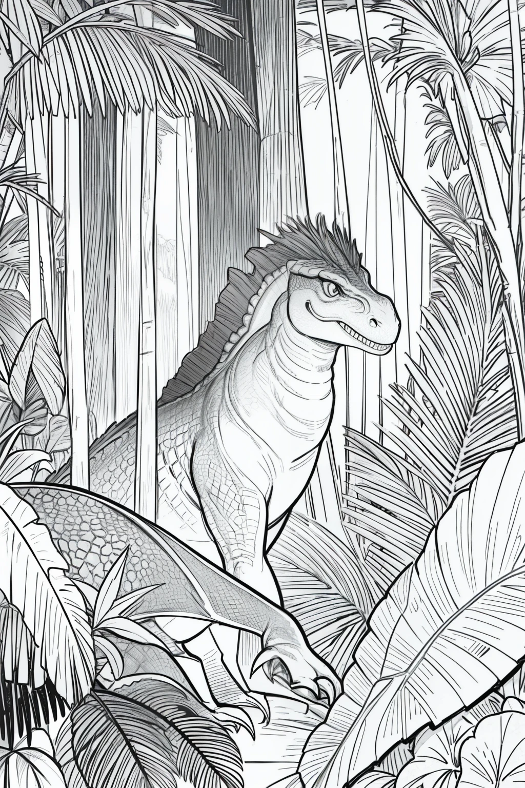 best quality,high resolution,detailed background,high contrast,dinosaur,jungle background,clean line drawings,vibrant colors,detailed textures,