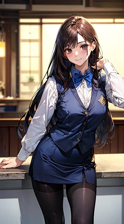((((perfect anatomy, super dense skin)))), 1 girl, Japanese, , (Detailed super oily shiny skin:1.1), looking at the scenery, (smile:1.5),
beautiful hair, beautiful face, beautiful and fine eyes, (long hair:1.4, straight hair:1.7), brown hair, (beautiful large chests:1.3),
beautiful clavicle, beautiful body, 美しいchest, beautiful thighs, beautiful feet, beautiful and detailed fingers, five fingers, baby face, ,((White shirt with long sleeves with collar and buttons, (Beautiful dark blue suit vest:1.4, Dark blue tight skirt:1.4, black pantyhose:1.3), Oily shiny thighs high, very sexy, share, Seductive thighs, camel toe)),
(beautiful scenery), receptionist, department store, Service Counter, beautiful sister, sexy pose, Are standing, stretch,
(8K, highest quality, masterpiece:1.2, very detailed, , ), (realistic), beautiful illustrations, cinematic lighting,