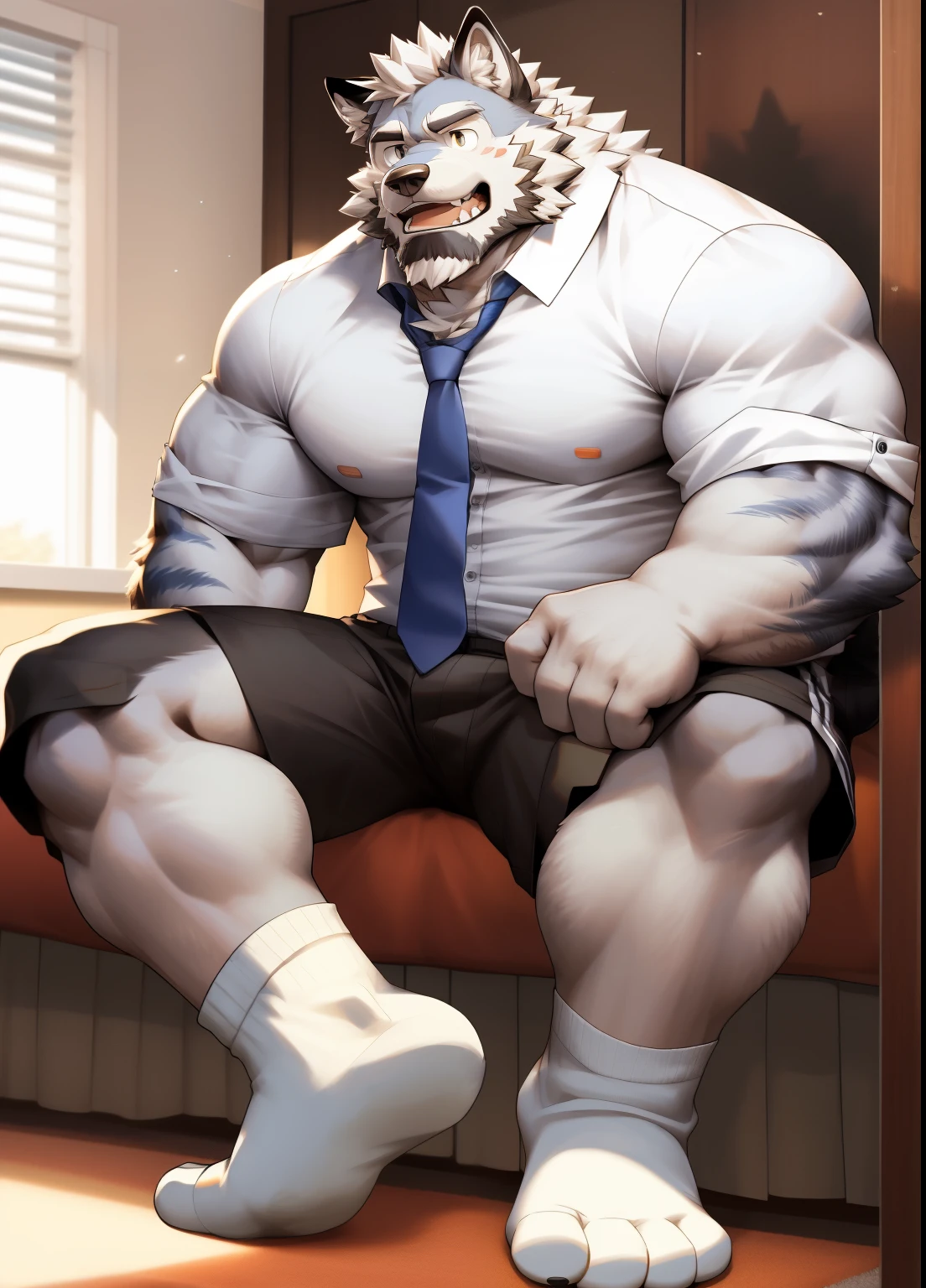 hairy,((Wolf,Loose white long-sleeved shirt,Roll up your sleeves,Unbutton your clothes,tie,No shoes,shorts)),beard,white socks,white fur,male,Common,full body picture((极其lifelike阴影,masterpiece,Very detailed,lifelike)), ((Cat)),dynamic poses,In the bedroom,sit on the floor,shy((极其lifelike背景,masterpiece,Very detailed,lifelike))detailed background