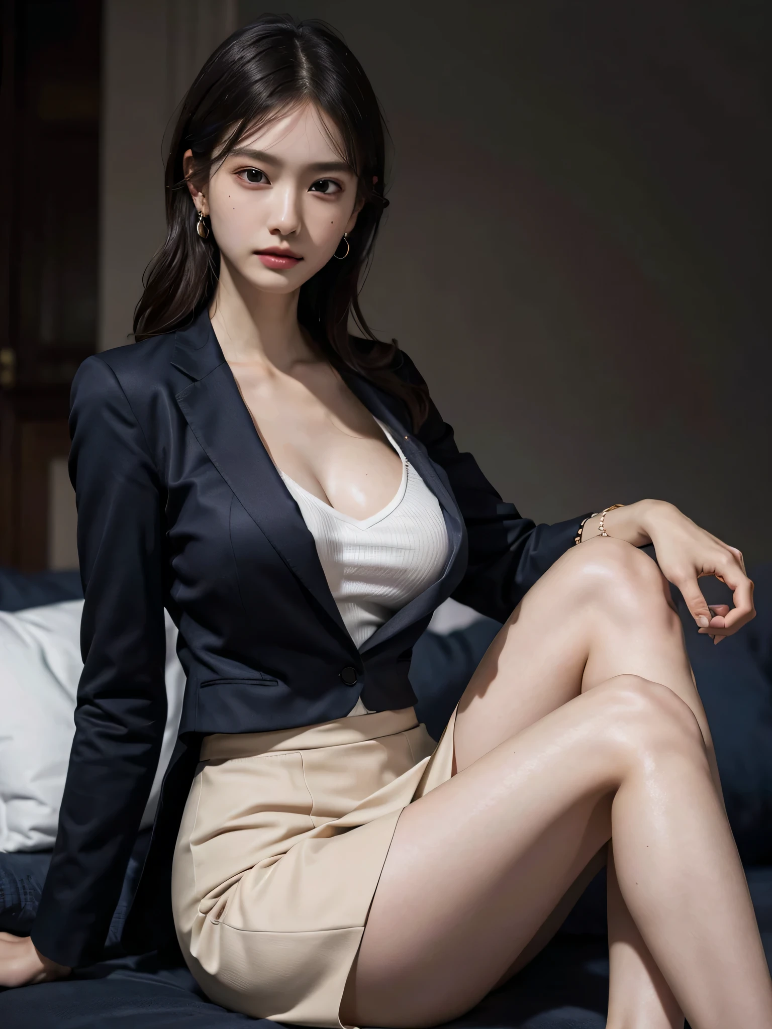 Beautiful woman in business suit, Shirts and tight skirts, Stockings,  Detailed face, Skinny face、Detailed eyes, Lustrous lips, Shiny skin , gazing at viewer, Slender Abs, cleavage, slender physique, Cross legs, Sit on a chair, Office,(Best Quality, masutepiece, 超A high resolution :1.3),(Photorealistic:1.4)