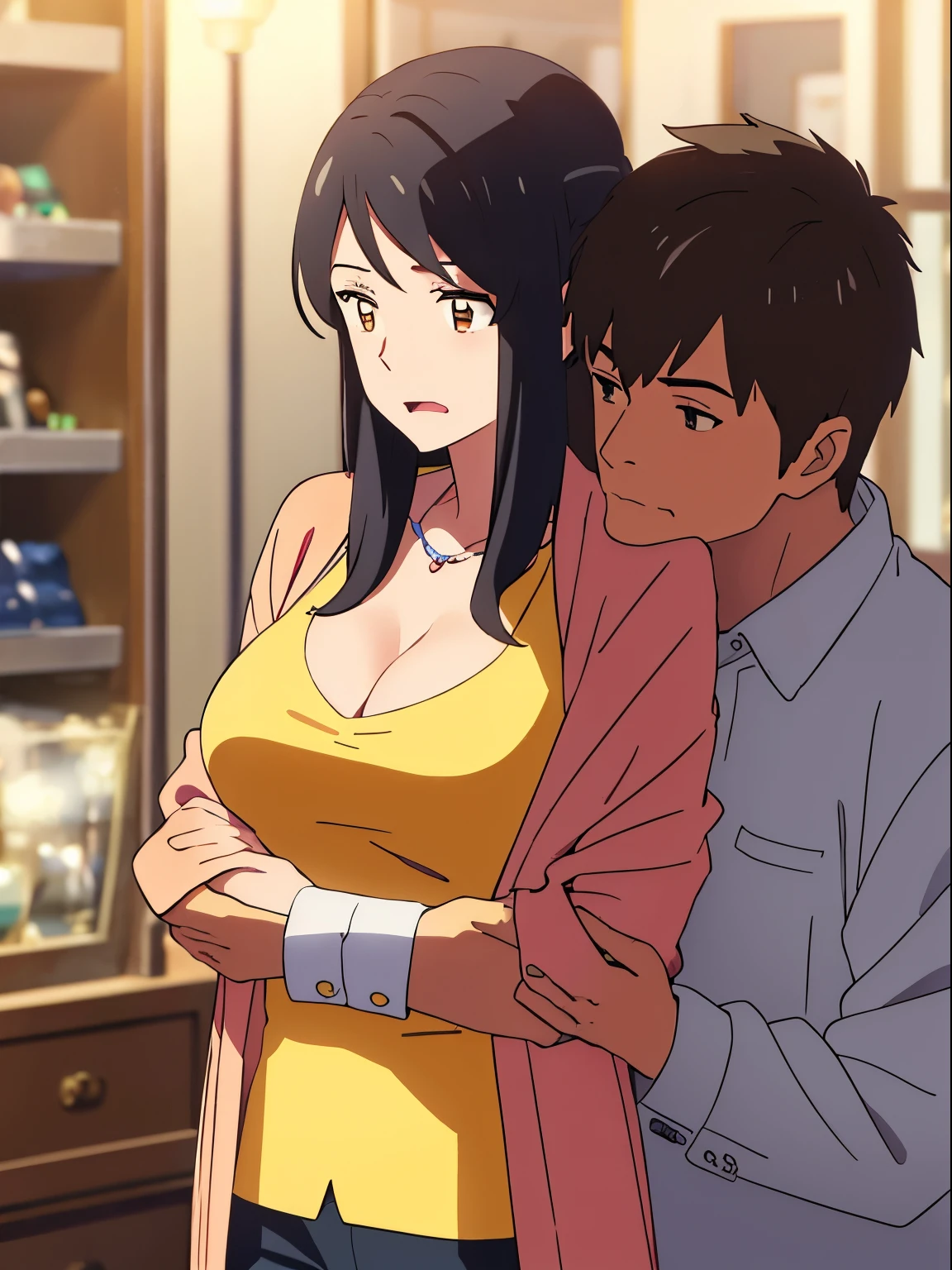 shinkai makoto, kimi no na wa., 1middle age man, wrinkle face, black hair,bangs swept to the right side, Middle aged man behind girl, touching chest, biting shoulders, breatsgrope from behind, grab, grabbing chest,chestgrab behind back, removing bra, hold bra, hug back, hugging,1girl, bangs, black hair, brown eyes, worried eyes, open mouth, Twisted Half Up, red ribbon, long hair, long sleeve light yellow cardigan, open shirt, yellow shirt, cleavage, breast, medium breast, Orange shirt, name tag written "LUMINE Miyamizu", indoors, jewelry products, jewelry shop, jewelry saleswoman, indoors, mall, masterpiece, perfect anatomy, cowboyshot,