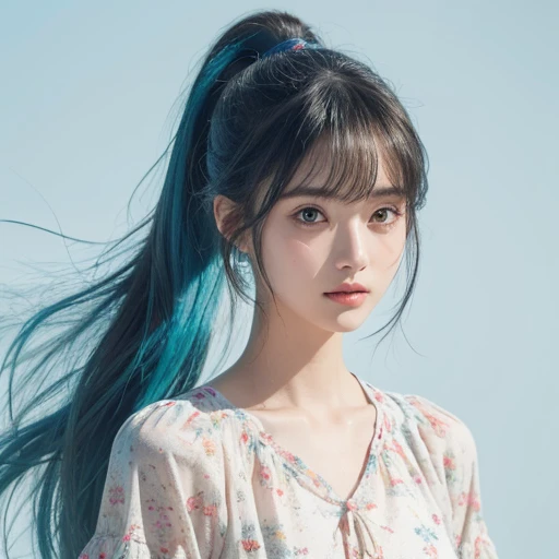 (masterpiece), (best quality), (Super detailed),(disheveled hair),(illustration), (1 girl), (fashion clothing), permanent, fashion model, looking at the audience, (interview), (simple background),Beautiful and delicate eyes, Exquisite and beautiful face, floating,(high saturation),(colorful splash),Colorful bubbles,(shining), focus on face,  ponytail, Ayaka Kamisato, light blue hair, Bangs, hair ring, floating花朵, floatinghair, (shining), best lighting, best shadow,