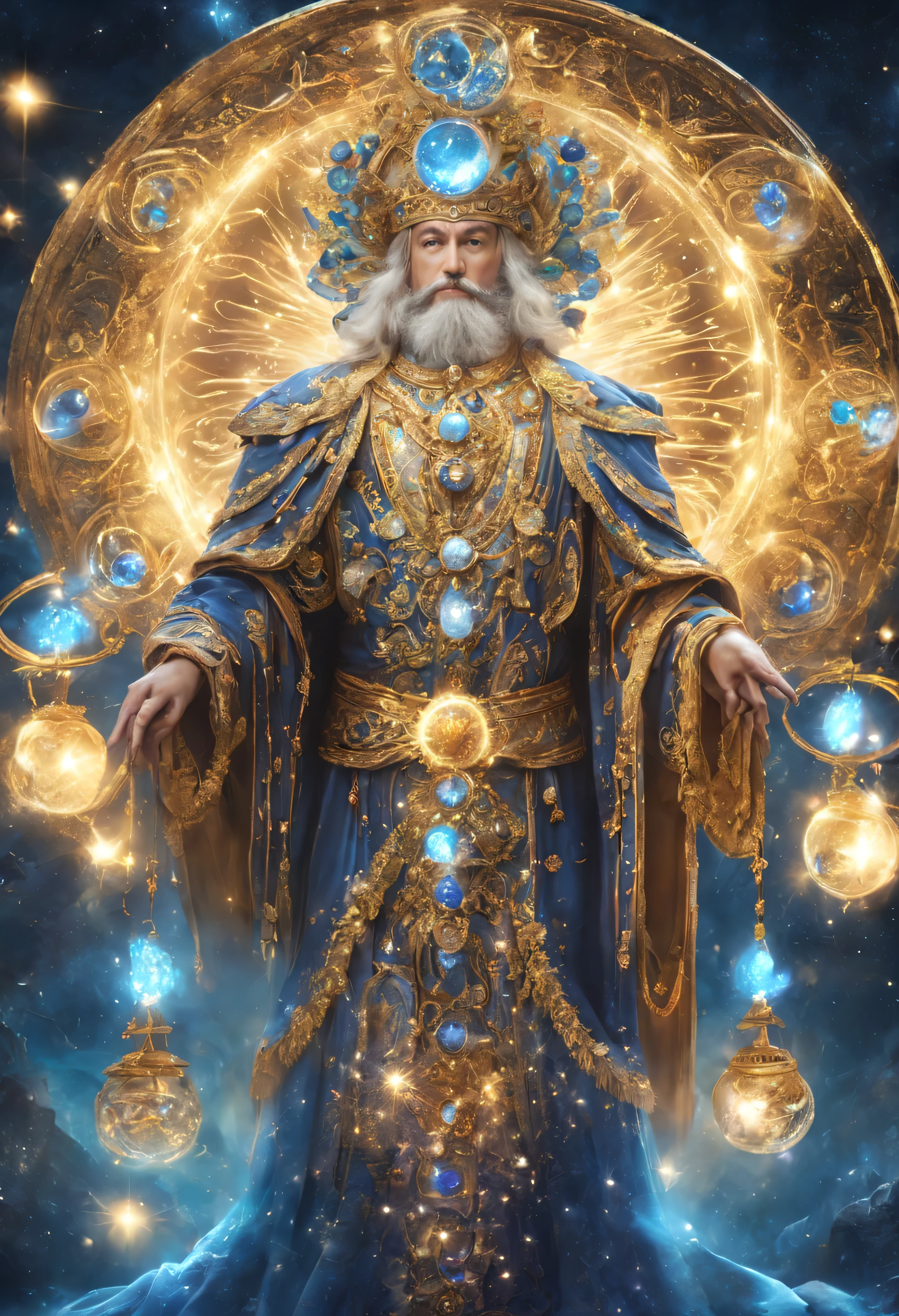 Tarot fortune telling、god、I was scared、宝石で飾られた輝く魅惑的なgod、male、Glowing sphere、Look directly at the camera， in the center, particles of light, light shines, wallpaper art, UHD Wallpapers、no background、no background、god秘的な、shining blue aura、upper body up