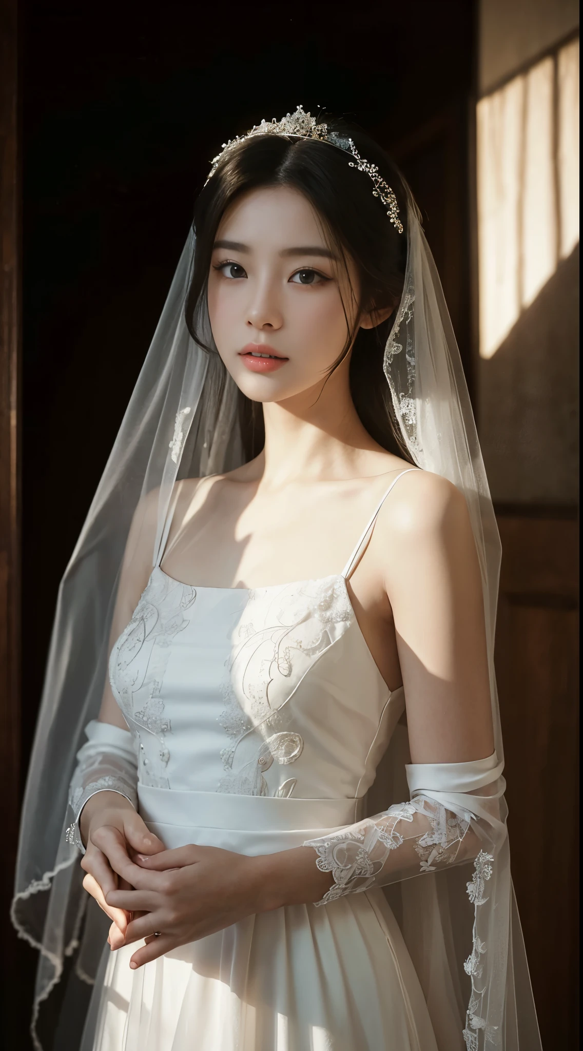 (best quality,16k,high resolution,masterpiece:1.2),Super detailed,(actual,lifelike,photorealistic:1.37),Chinese fashion beauty,Japanese Korean beauty,cute and innocent,Detailed eyes and face,Beautiful and delicate lips,white teeth,long eyelashes,Slimming,（穿着白色的Wedding dress），White veil，（Wedding dress），solid color background，Large aperture，blur background，Real light and shadow