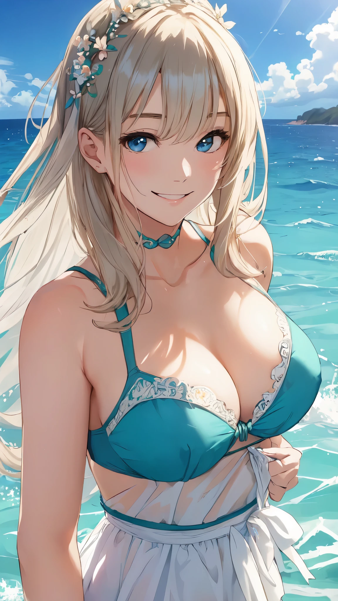 ((best quality)), ((masterpiece)), (detailed), perfect face, girl,  long hair, 热带Ocean滩主题，Smile，Ocean，swimsuit，Close-up shot，Upper body，short hair