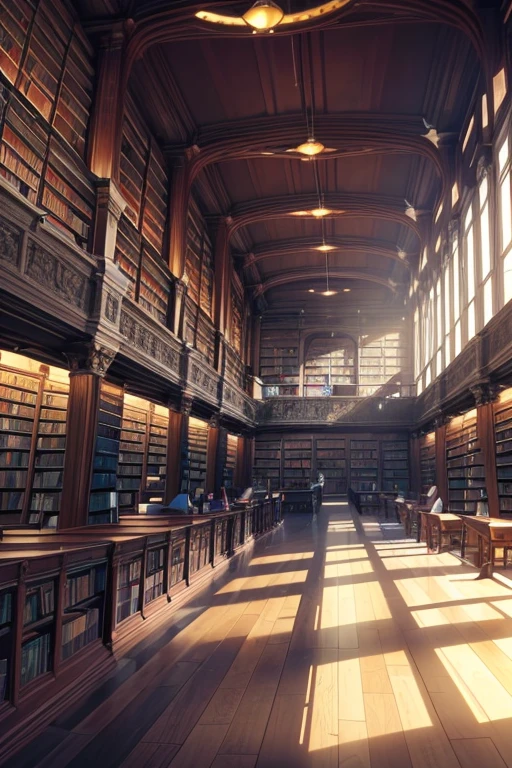 There is a big open space,There are a lot of books on the shelves, Polygonal wooden walls, library, V-rays, V-rays, fancy library, library interior background, high detail), ((((Inside the library)))), Inside the library, Detailed Landscape—Width 672, High quality rendering, Interior architectural landscape