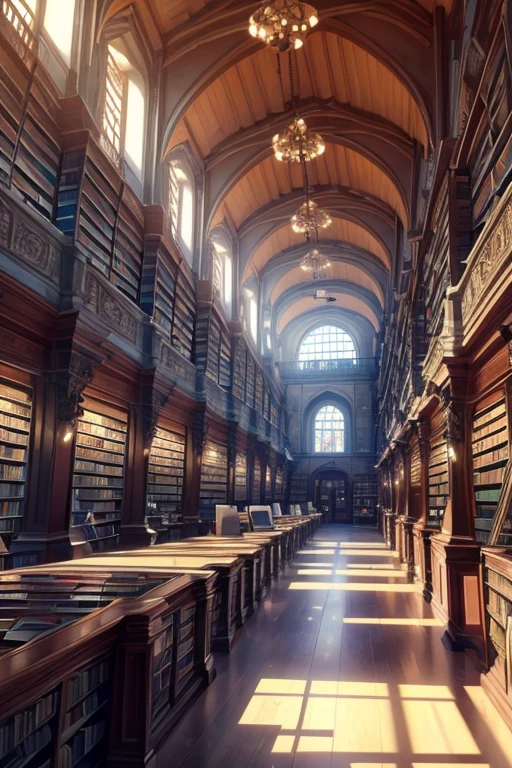 There is a big open space，There are a lot of books on the shelves, Polygonal wooden walls, library, V-rays, V-rays, fancy library, library interior background, high detail), ((((Inside the library)))), Inside the library, Detailed Landscape—Width 672, High quality rendering, Interior architectural landscape