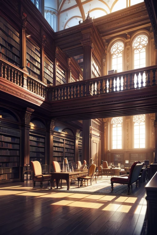 stunning library, massive open space, bookshelves filled with books, polygonal wooden walls, V-ray lighting, fancy library, highly-detailed library interior background, expansive library scene, inside the library, intricate landscape - width 672, high-quality rendering, indoor architectural view