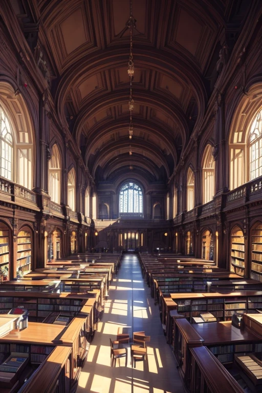 stunning library, massive open space, bookshelves filled with books, polygonal wooden walls, V-ray lighting, fancy library, highly-detailed library interior background, expansive library scene, inside the library, intricate landscape - width 672, high-quality rendering, indoor architectural view