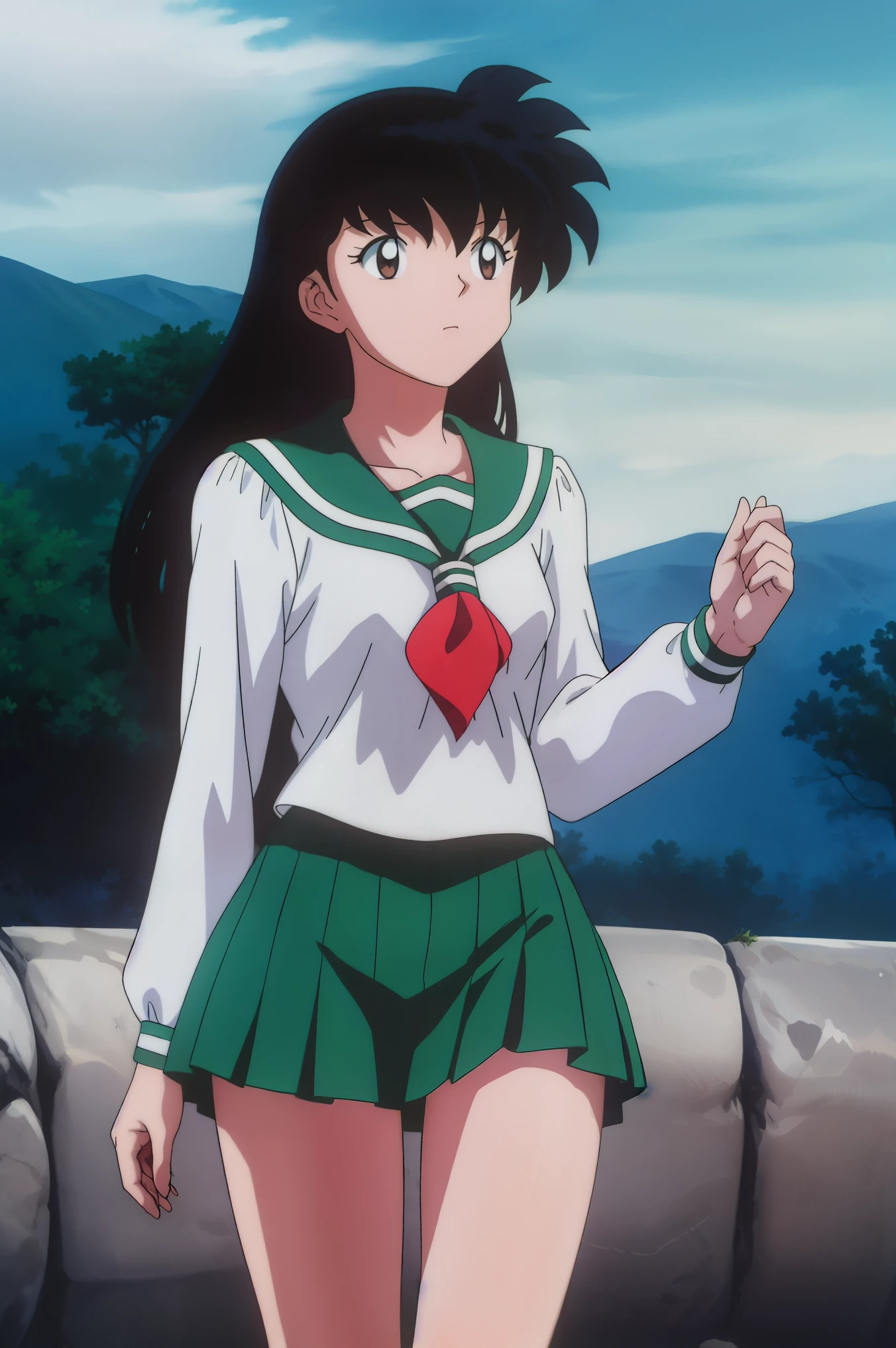 an anime woman standing , 1girl, solo, outdoors, long hair, brown eyes, school uniform,(Masterpiece: 1.6, Best Quality), (Fine Beautiful Eyes: 1.2), (best quality, masterpiece, higher), green school uniform, soft thighs , long sleeves, white socks, scenery , Best Quality, ((anime)) ((Colored)) HD, Kagome Higurashi ,school uniforms, Standing, Green skirt, Red scarf, long hair, Black hair between the eyes, Thighs are soft, school background , black hair, skirt, green skirt, serafuku