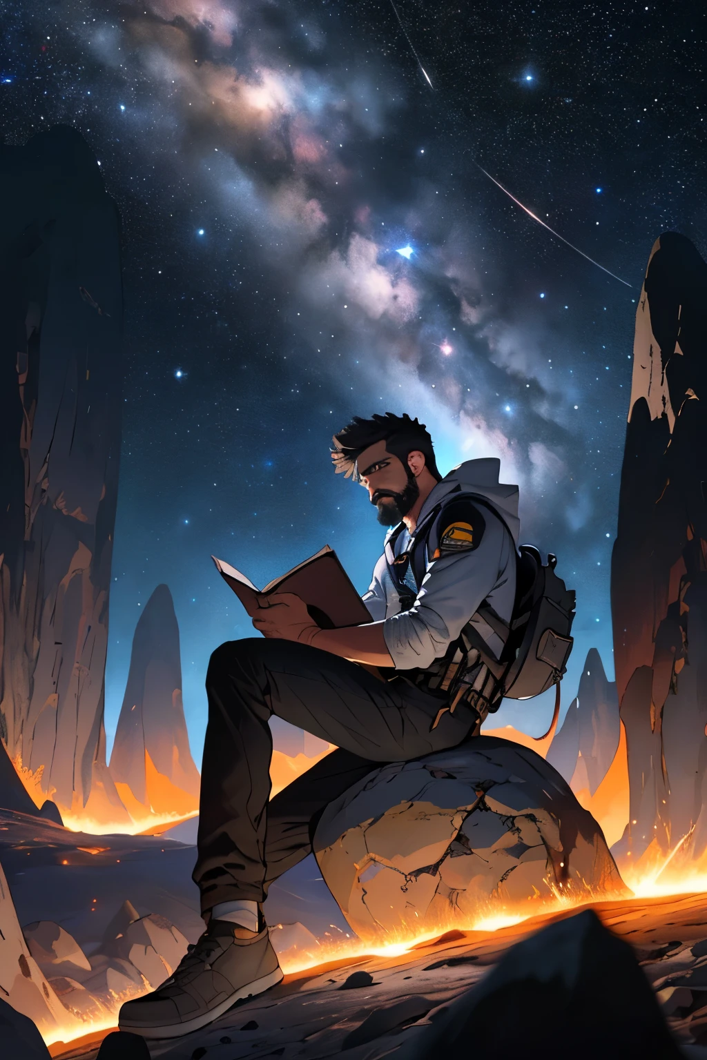 Desenhe um jovem programador, sitting on a research platform floating in the middle of an asteroid belt. He is studying with a notebook, surrounded by several asteroids glowing with auras of fire. Dramatic lighting from distant stars and planets illuminates the scene, casting deep shadows on the costume. O jovem parece confiante e determinado, Looking at the vast and mysterious universe with awe and respect,facial hair, tiro de vaqueiro,