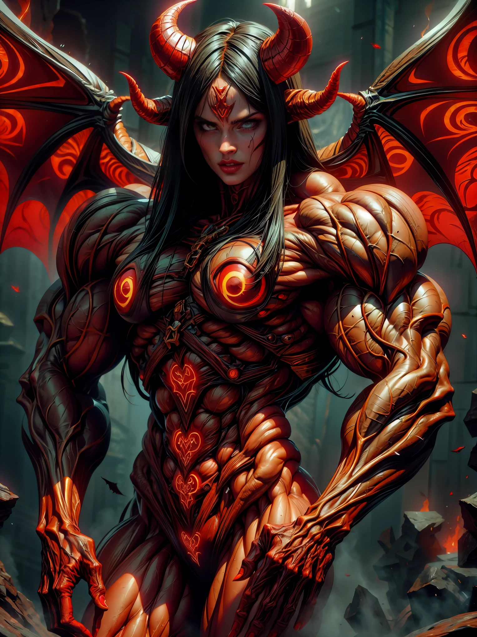 (1 girl), (megan fox:1.25), (naked:1.25), Sexy Evil naked demonic Succubus, (Muscular skinless anatomy:1.25), (large Demon horns:1.25), demonic tech muscular bodysuit, an evil red glow emanating from her, (huge demonic wings:1.25), Black Eyes, large veiny breasts, (perfect hands:1.25), diabolic, insidious, Context of the Satanic Church, (8k, RAW photo, photorealistic:1.25), 