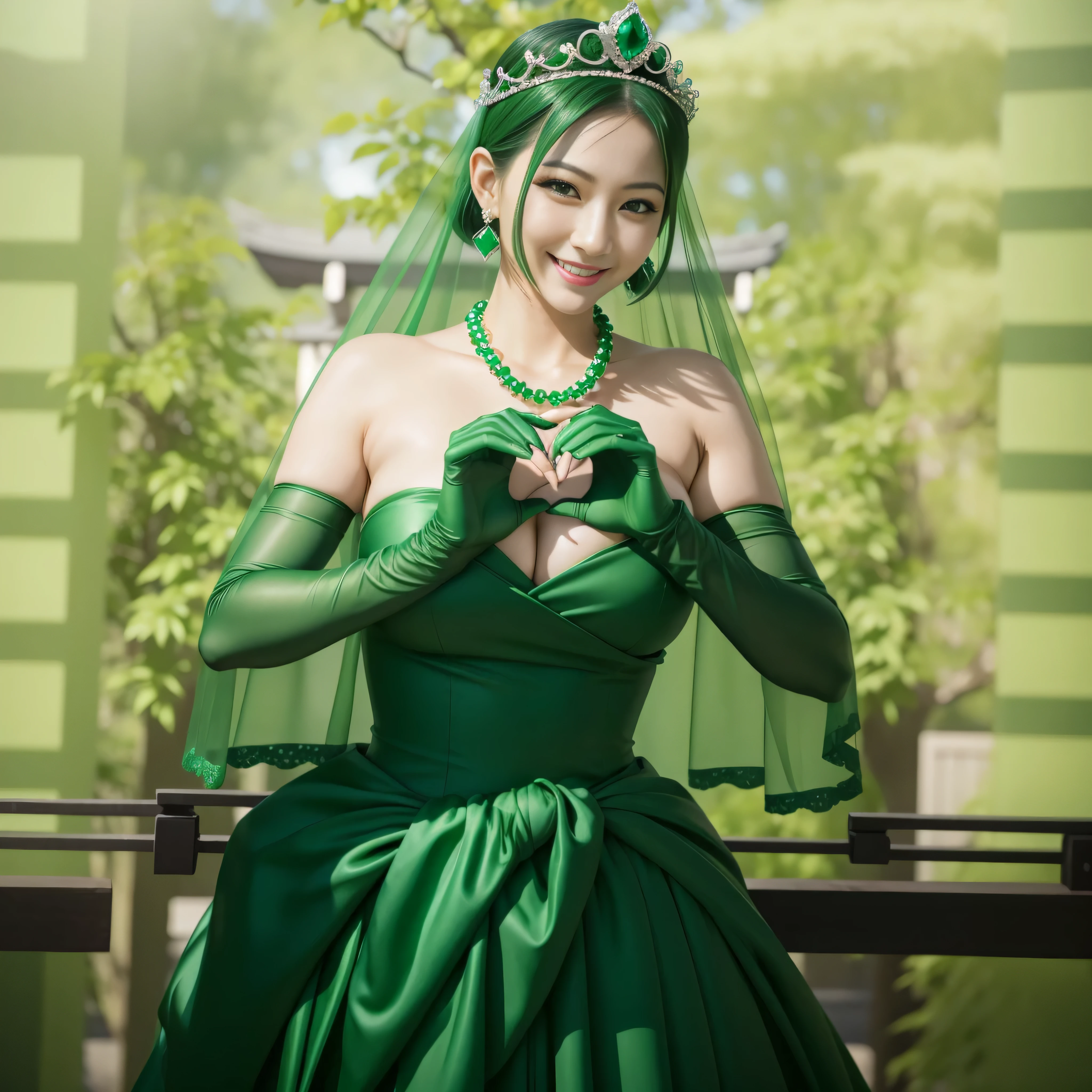 emerald tiara, green pearl necklace, ボーイッシュな非常に短いgreen hair, lipstick, smiling Japanese woman, very short hair, Beauty with large , green eyes, Long Green Satin Gloves, green eyes, emerald earrings, green veil, heart with both hands, green hair, Beautiful Japan woman in her 30s, heart shaped hand:1.3