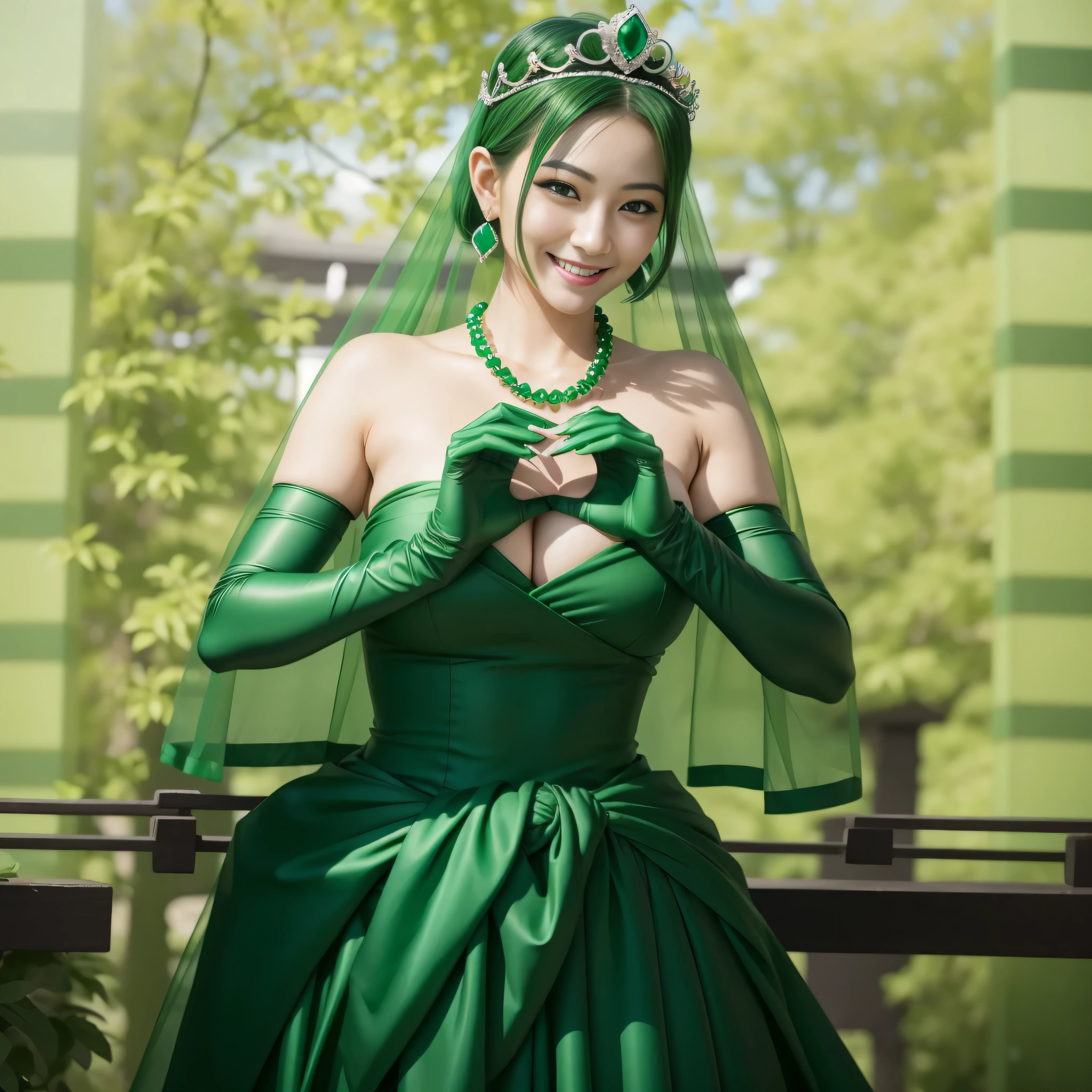 emerald tiara, green pearl necklace, ボーイッシュな非常に短いgreen hair, lipstick, smiling Japanese woman, very short hair,  Beauty with large breasts, green eyes, Long Green Satin Gloves, green eyes, emerald earrings, green veil, heart with both hands, green hair, Beautiful Japan woman in her 30s, heart shaped hand:1.3