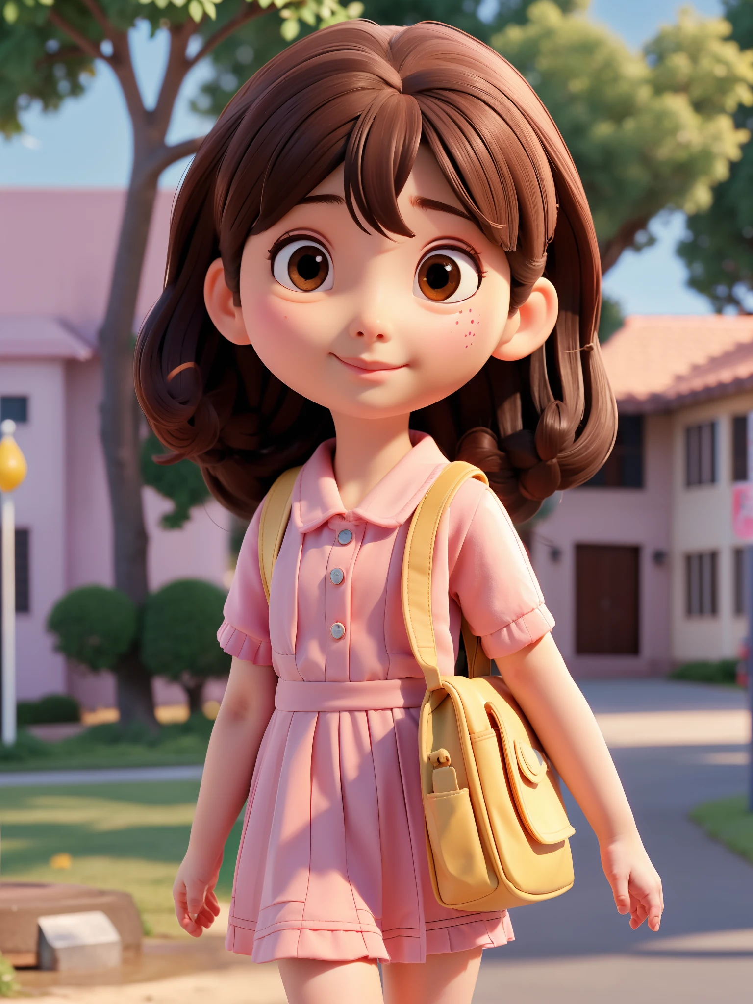 1 girl, Preschool,wearing school bag, Walk,walk,nursery school, Sunny days, (masterpiece: 1.2) (actual: 1.2) (Bokeh) (best quality) (Delicate skin: 1.3) (intricate details) (8k) (Detailed eyes) (sharp focus), (happy)