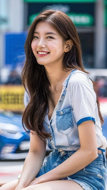 Highly detailed CG Unity 8K wallpaper, highest quality, Super detailed, masterpiece, realistic, photo realistic, Highly detailed cute girl, 25 years old, (whole bodyからつま先まで:1.4)、(whole body)、(whole body to toes)、(shot from the side)、(sitting on the hood of a car)、(lace queen)、(sexy pose),(model pose)、(middle chest)、(Middle butt)、(Smiling at the camera)、
(Sponsored and wearing grid girl costume'logo is printed.:1.3), (shorts) , (sitting in a motorsport race), (cleavage), smile ,whole bodyショット ,(Side view)、(side shot)、(smile at the camera)、