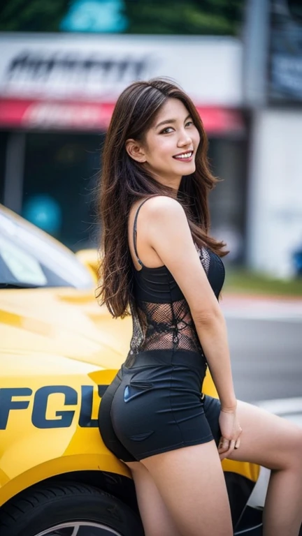 Highly detailed CG Unity 8K wallpaper, highest quality, Super detailed, masterpiece, realistic, photo realistic, Highly detailed cute girl, 25 years old, (whole bodyからつま先まで:1.4)、(whole body)、(whole body to toes)、(shot from the side)、(sitting on the hood of a car)、(lace queen)、(sexy pose),(model pose)、(middle chest)、(Middle butt)、(Smiling at the camera)、
(Sponsored and wearing grid girl costume'logo is printed.:1.3), (shorts) , (sitting in a motorsport race), (cleavage), smile ,whole bodyショット ,(Side view)、(side shot)、(smile at the camera)、
