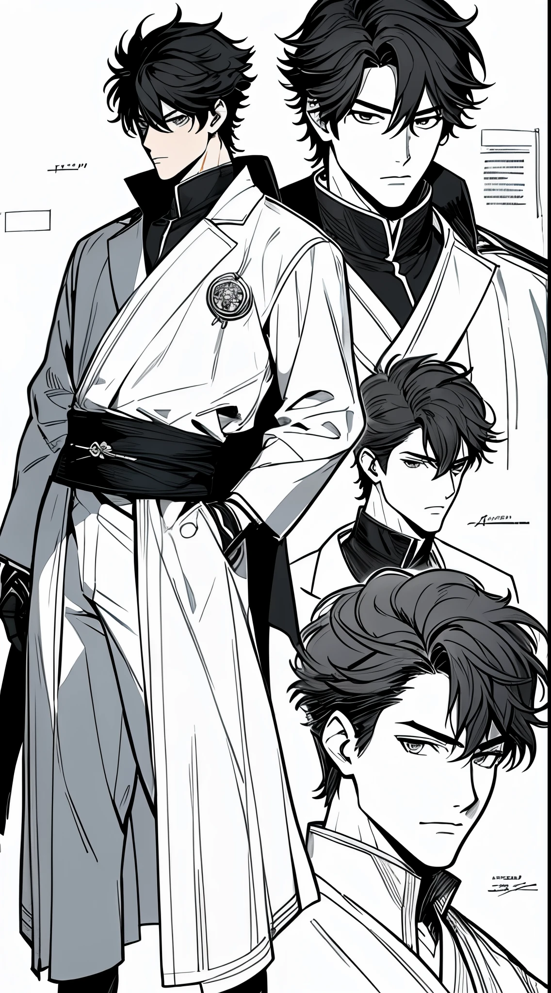 masterpiece, acura, solo, black suit, black hair,close-up, full body, line drawing background, white background, monochrome, line drawing, ((sketch)), hijikata toshirou, gintama, character sheet, male, young man