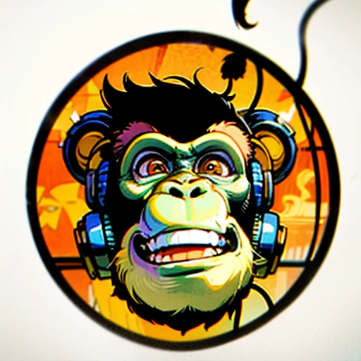 a close up of a monkey face with headphones, (wearing headphones upside down), under the neck, (in style of clay), inspired by Alex Petruk APe, monkey punch, monkey, bored ape, face like monkey, monkeys, in style of monkeybone, in style of primal apes, ape, orange head