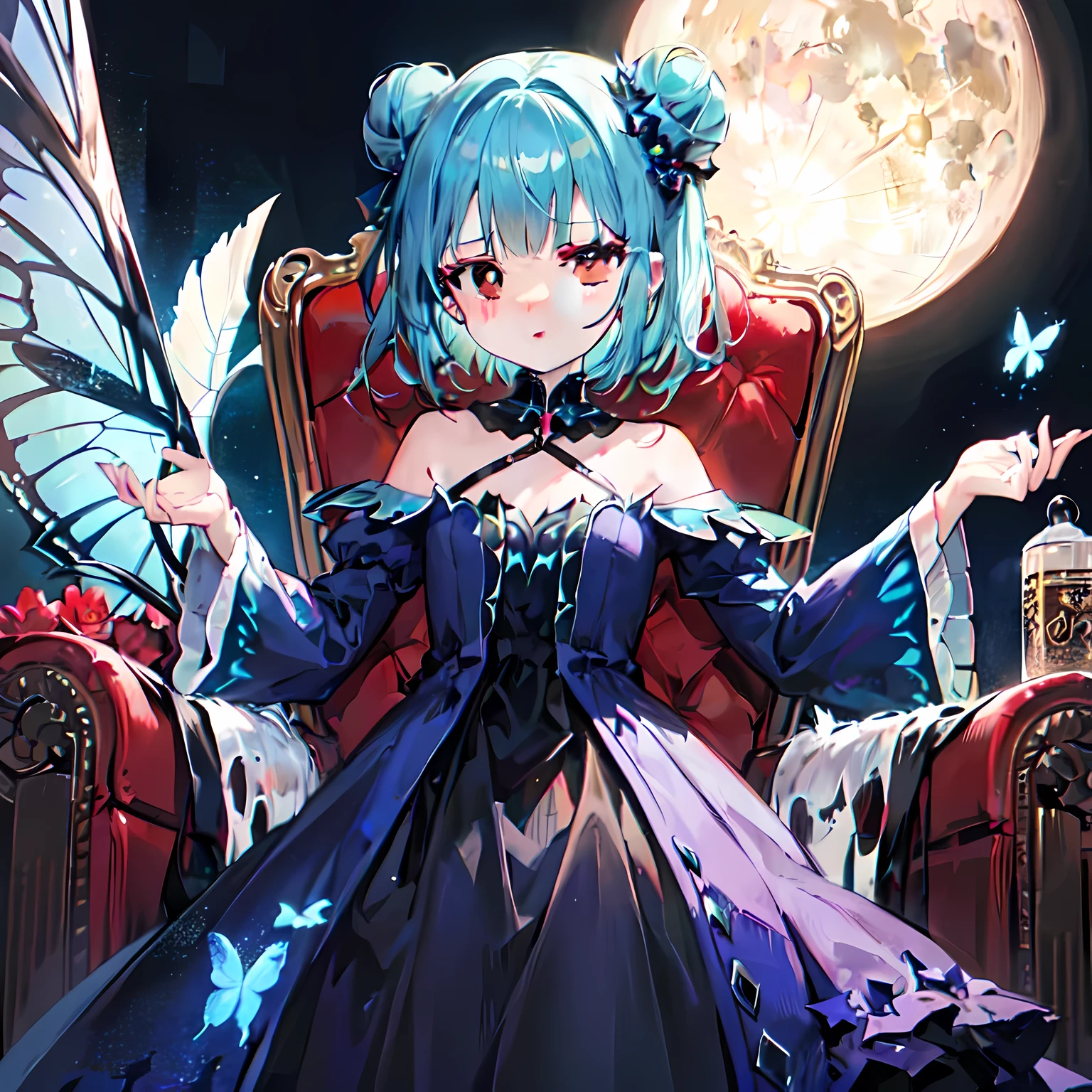 {Moist feathers(Holographic live broadcast}}, 1 girl, short hair, twice as good, {emerald green hair}, {{red eyes}}、​Masterpiece、top quality、{dynamic angle}, flat chest, delicate、{hatred}、anger、{fatal}、Demon King、a throne、dark aura、Dark blue dress、Magic Domain、blue-winged butterfly、{looking at the audience}、