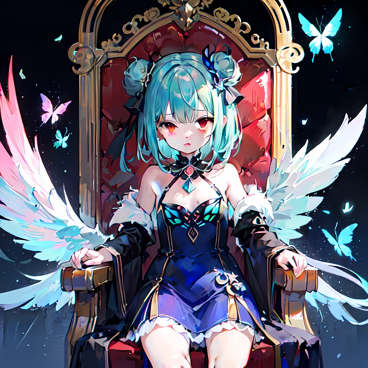 {Moist feathers(Holographic live broadcast}}, 1 girl, short hair, twice as good, {emerald green hair}, {{red eyes}}、​Masterpiece、top quality、{dynamic angle}, flat chest, delicate、{hatred}、anger、{fatal}、Demon King、a throne、dark aura、Dark blue dress、Magic Domain、blue-winged butterfly、{looking at the audience}、