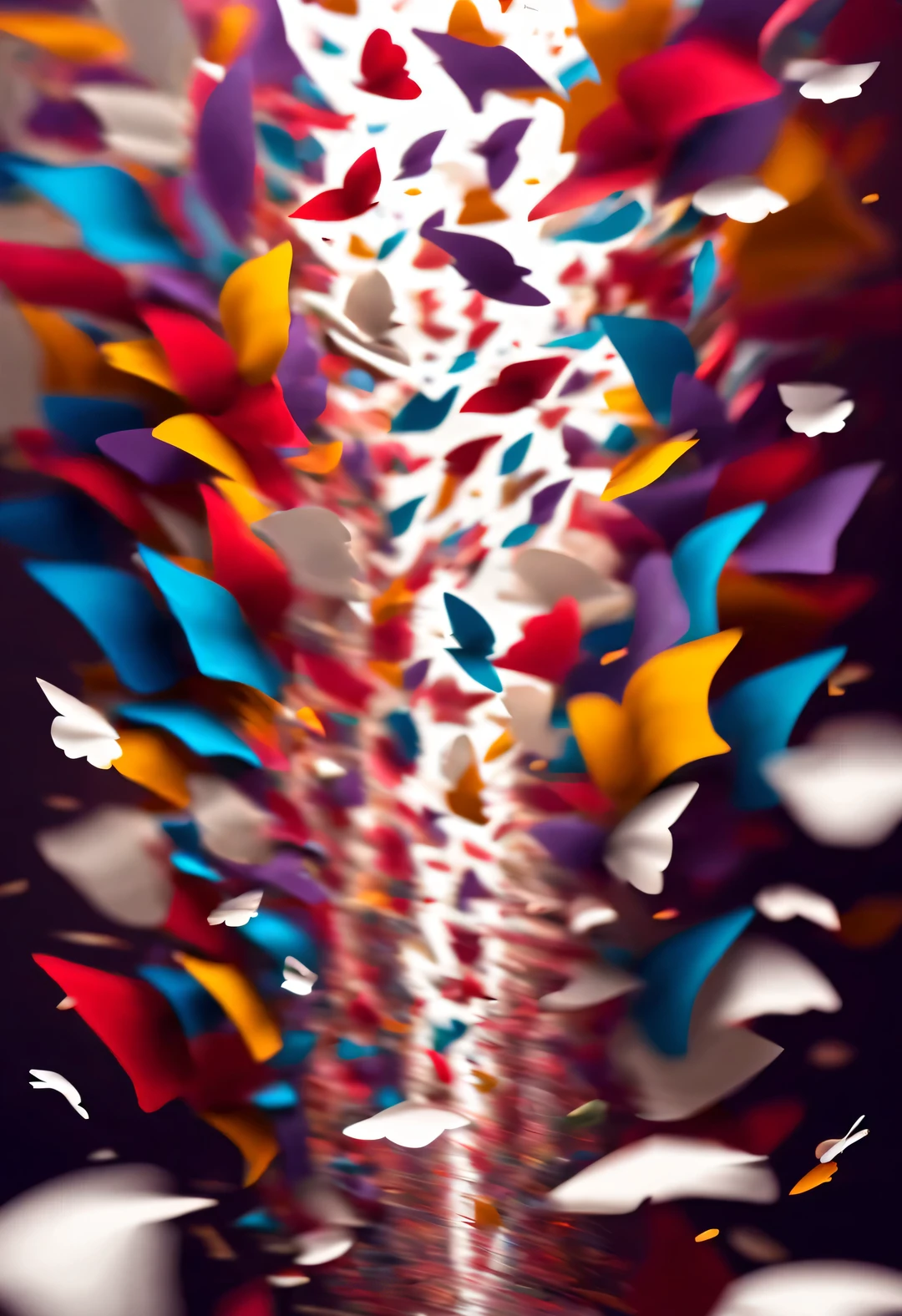 (The white paper tilted in the air gradually turned into a colorful butterfly shape。.),Colorful confetti flying in the air like butterflies,