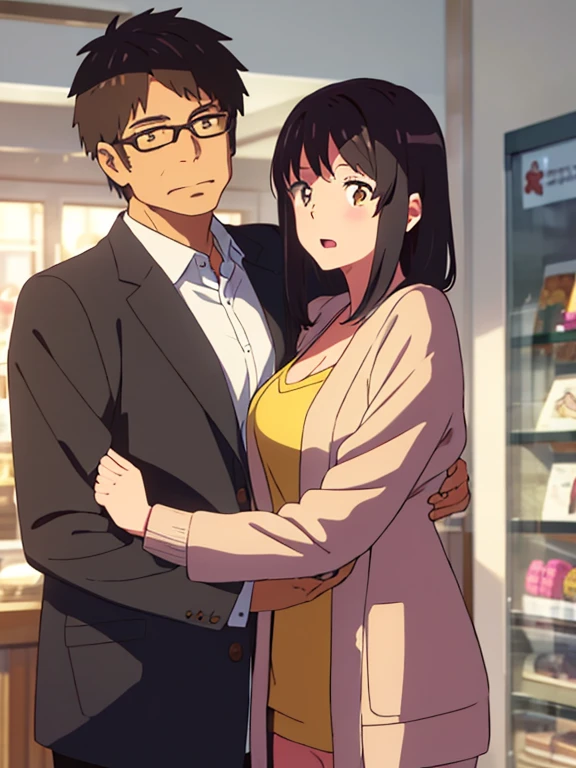 shinkai makoto, kimi no na wa., 1middle age man, wrinkle face, black hair,bangs swept to the right side, Middle aged man behind girl, hug back, hugging,1girl, bangs, black hair, brown eyes, open mouth, Twisted Half Up, red ribbon, long hair, long sleeve light yellow cardigan, open shirt, yellow shirt, cleavage, breast, medium breast, indoors, jewelry shop, indoors, mall, masterpiece, perfect anatomy, cowboyshot, 