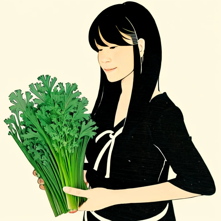 super fine illustration, best quality, woman in traditional Japanese attire holding freshly picked celery at night. Delicate and beautiful with long black hair gracefully flowing, and a finely sculpted face in pure white. Acrylic painting style emphasizing simplicity yet highlighting profound beauty.
