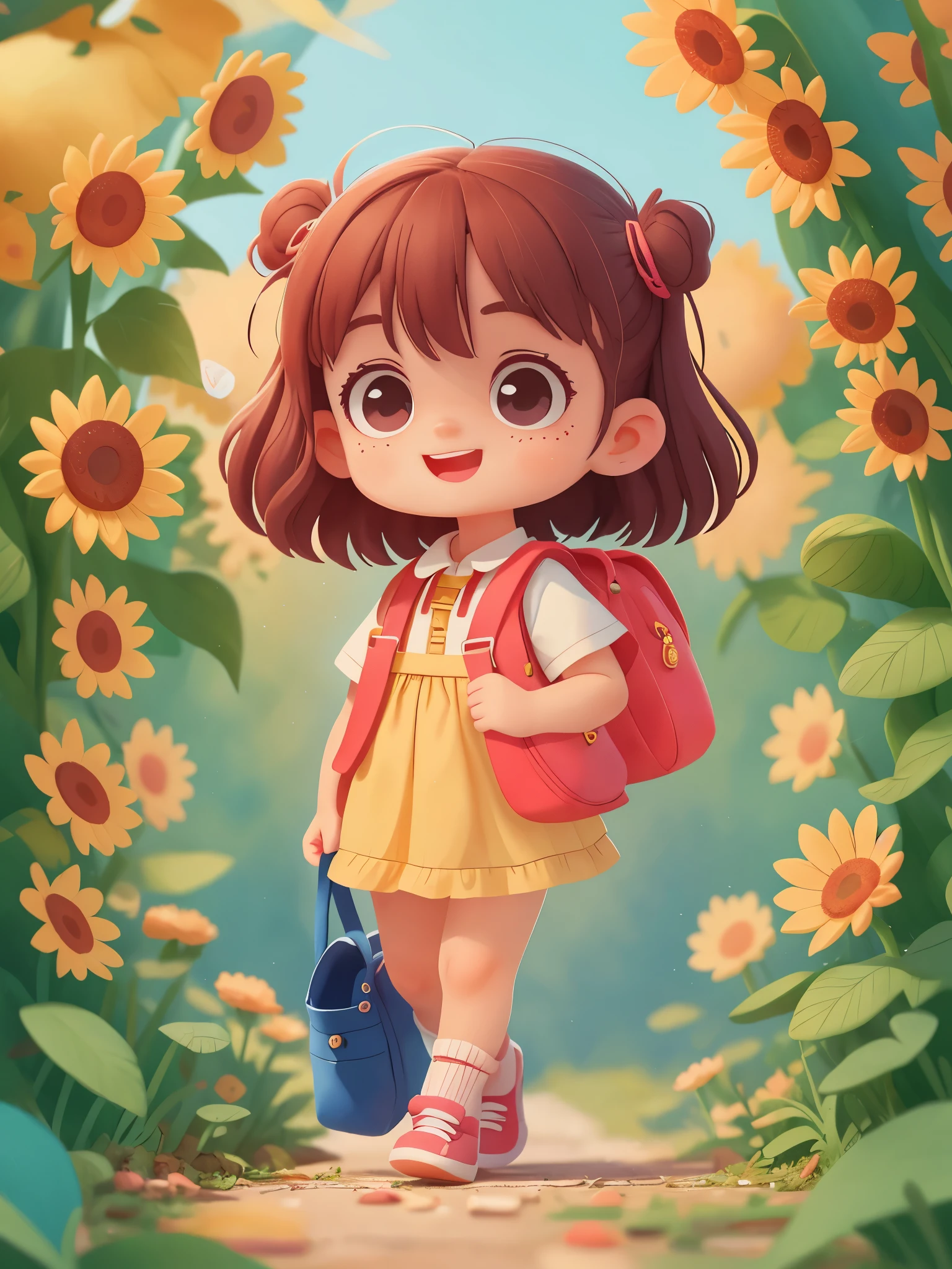 1 girl, ,wearing school bag, Walk,walk,nursery says, (masterpiece: 1.2) (actual: 1.2) (Bokeh) (best quality) (Delicate skin: 1.3) (intricate details) (8k) (Detailed eyes) (sharp focus), (happy)