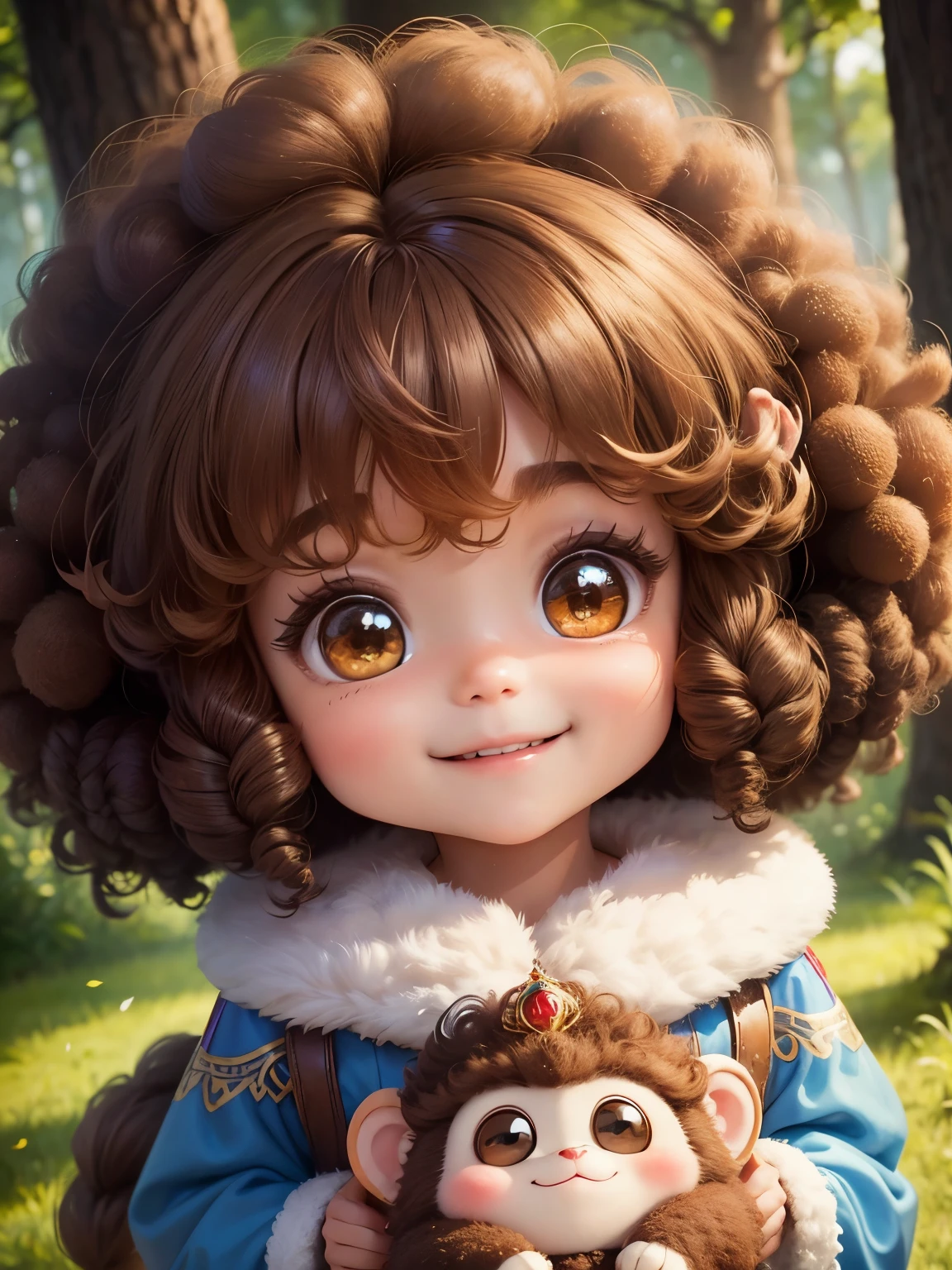 best image quality、fairy tale world、brown fluffy afro hair、A cute  who looks like a Russian monkey、A fun and cute smile、best smile、chibi character、super deformed、big head and 、Very pretty girl、Surprisingly big round shining eyes、