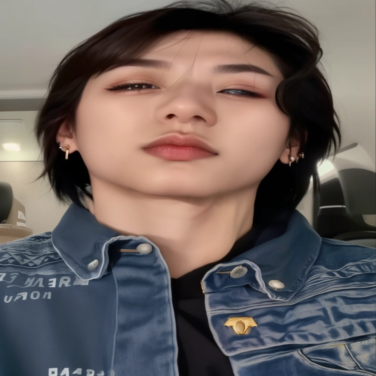 um close up de uma pessoa com um piercing no nariz, androgynous face, androgynous person, androgynous, olhar penetrante, piercing septal, usando espinhos e piercings, Jimin\the right eyelid is swollen, Jimin\the full lips, androginia, androgynous male, taken at the beginning of 2020