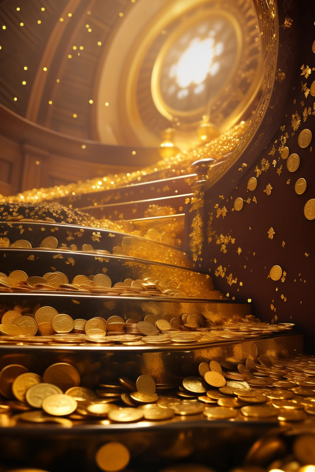 Close-up of the stairs，Coins fell from the stairs, shrouded in a swarm of gold, scattered gold coins, gold and treasure, with many gold coins, piles of gold coins, lord of the rings aesthetic, sitting on a pile of gold coins, gold coins, Rivendell Epic Fantasy, Complex and epic composition, Golden spark, 🚀🚀🚀
