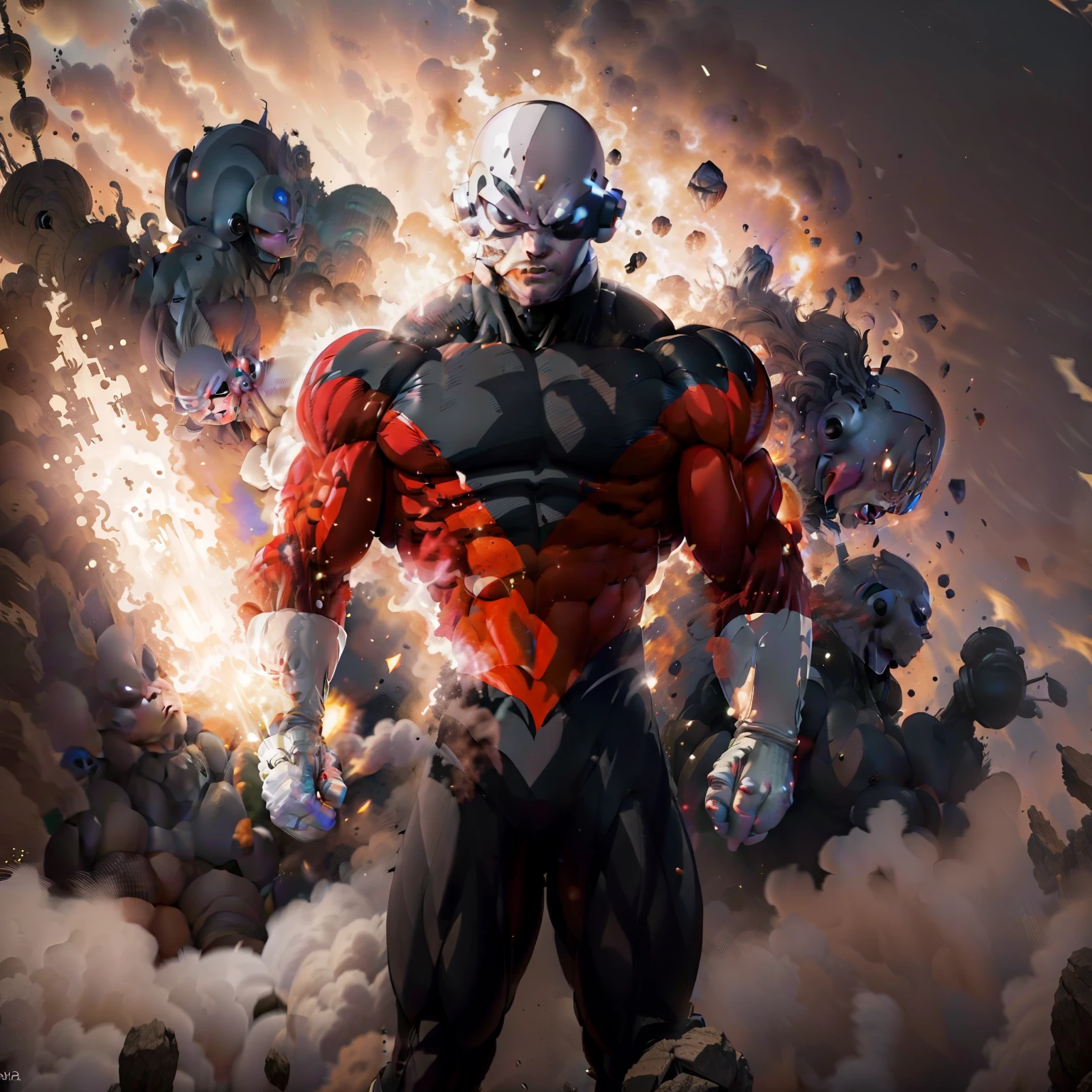 ((masterpiece, best quality)),(complex lighting),alone,whole body, Dragonball Jiren,White gloves,bodysuit,muscular,bare light particles, dust particles,vibrant colored flames flow together in a complementary way. spectacular spontaneous perfection texture, organic, professional photography, Hasselblad camera, hyper – realistic, Intricate fine details, UHD, HDRI, blender rendering –s 750