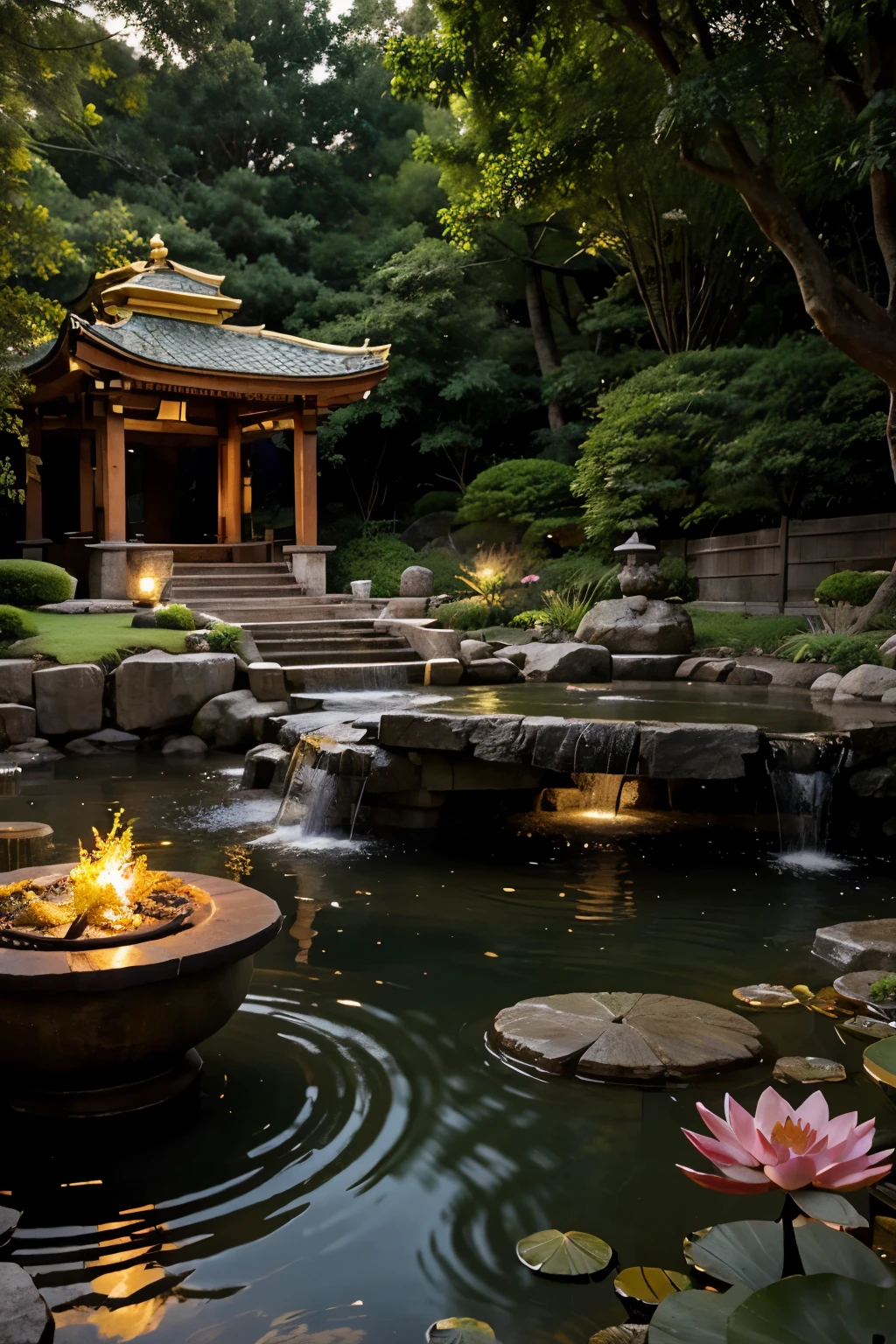 Create a 16:9 ratio 3D realistic image depicting a tranquil Zen garden. At the center, place a large seated Golden Buddha statue with a serene and compassionate expression. Around the Buddha, include smaller statues in various worship poses. The garden should be lush with vibrant greenery, colorful flowers, and feature a traditional pagoda-style structure. A red bridge arches over a pond dotted with lotus flowers. A waterfall cascades into the pond, surrounded by rocky cliffs. Strategically placed lanterns softly illuminate the scene, highlighting the golden hue of the Buddha and the rich colors within the garden, creating a peaceful and reflective atmosphere.
