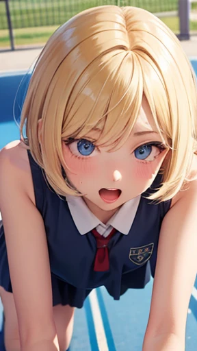 Very detailed image 8k European high school girl Beautiful girl Blonde Short hair Small breasts Beautiful legs Blushing Sweat outside Athletics Crawling on all fours Composition viewed from an angle Open mouth wide White skin Regretful expression School uniform Looking at each other