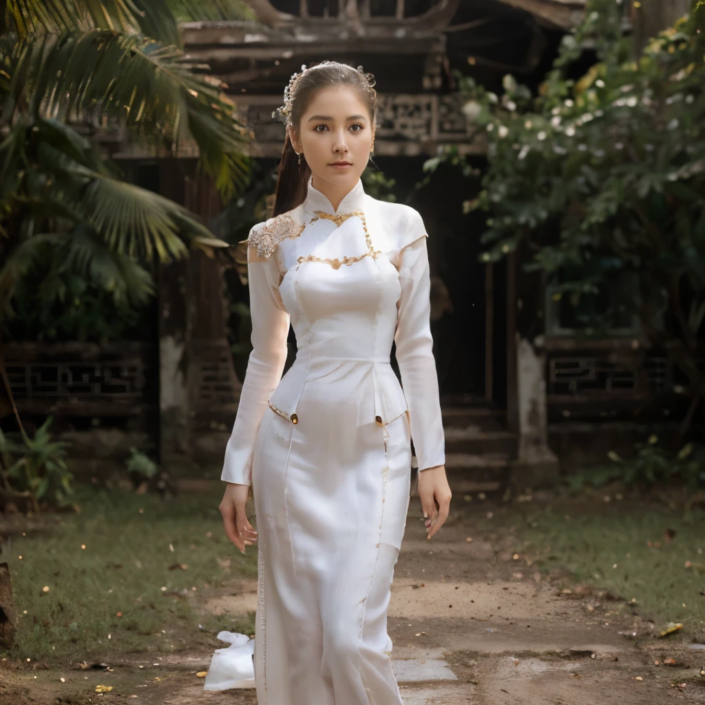 Marian Rivera, gigantic breast:1.4, (best quality, masterpiece:1.2), photorealistic, ultra high res, full body shot, front lighting, intricate detail, Exquisite details and textures, 1girl, (young), face highlight, full body, detailed face, tear mole, white skin, long weavy brown hair, looking at viewer, symmetrical eyes, (tight see trough white silk ao dai attire:1.3), earrings, slim body, professional lighting, photon mapping, radiosity, physically-based rendering, good hands, good fingers, outdoor, multicolor, masterpiece,ultra realistic,32k,extremely detailed CG unity 8k wallpaper, best qualit