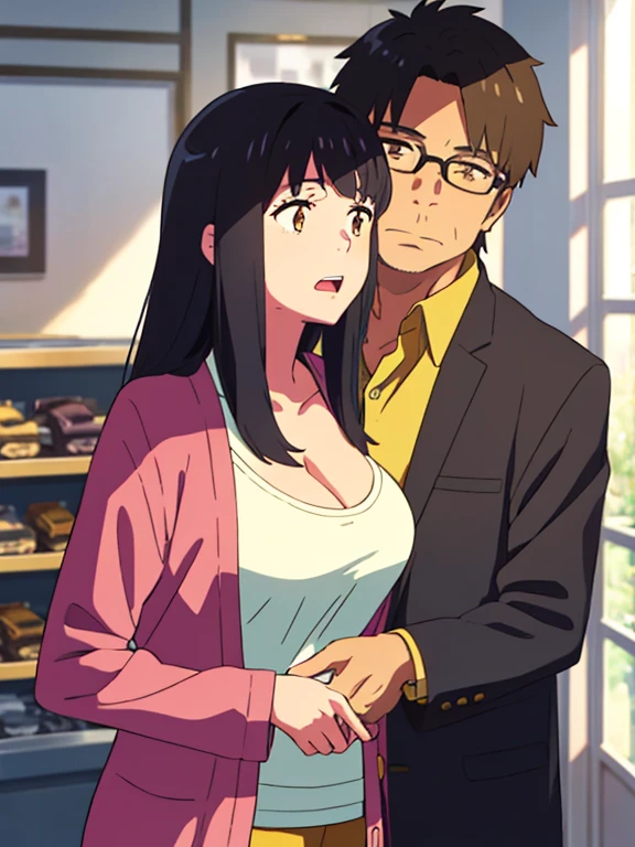 shinkai makoto, kimi no na wa., 1middle age man, wrinkle face, black hair,bangs swept to the right side, Middle aged man behind girl, hug back, hugging,1girl, bangs, black hair, brown eyes, open mouth, Twisted Half Up, red ribbon, long hair, long sleeve light yellow cardigan, open shirt, yellow shirt, cleavage, breast, medium breast, indoors, jewelry shop, indoors, mall, masterpiece, perfect anatomy, cowboyshot