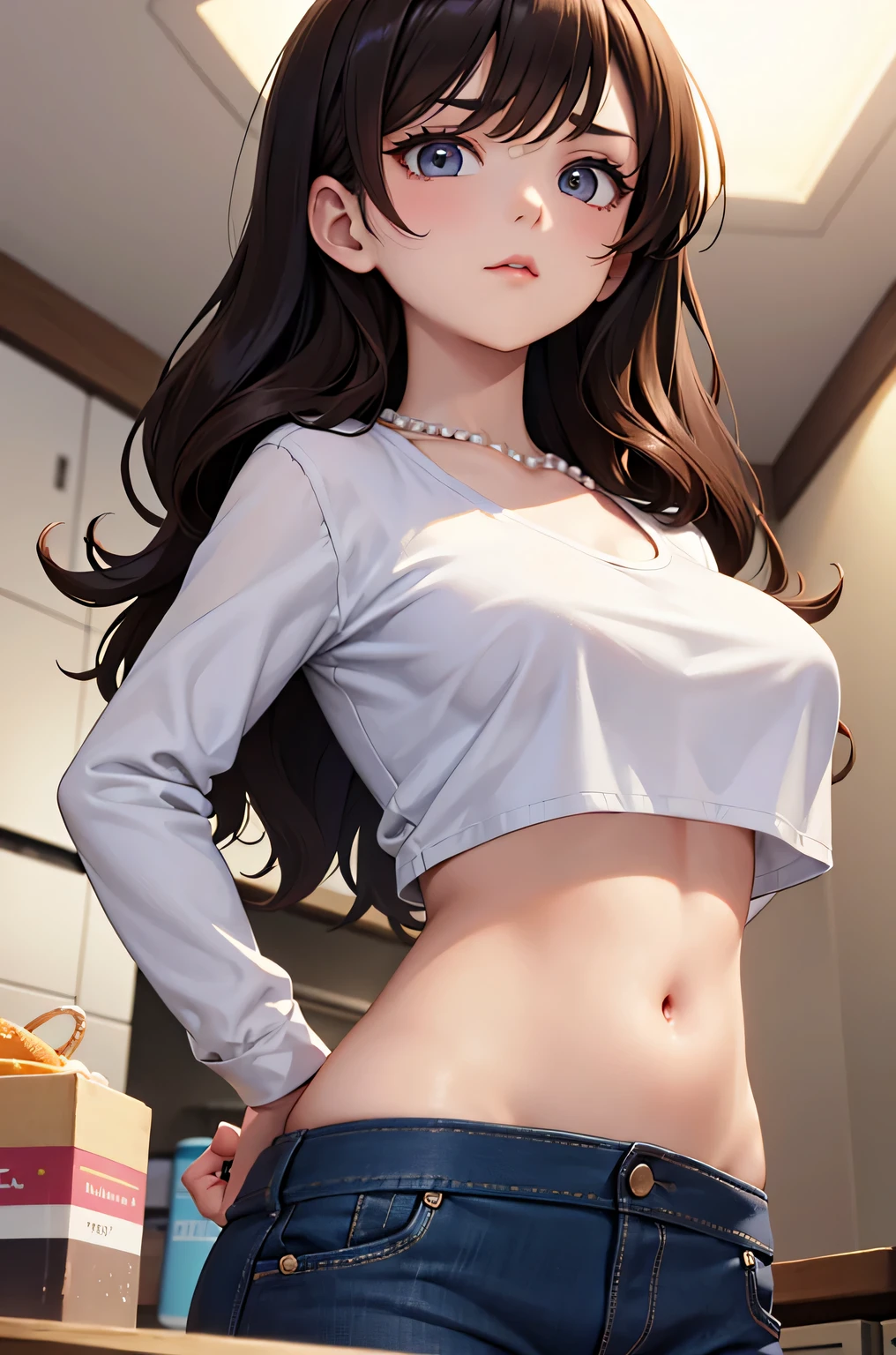 super fine illustration, vibrant colors, masterpiece, sharp focus, best quality, depth of field, cinematic lighting, ultra detailed, collarbone, t shirt, long sleeves, MILF, 1 woman, solo, midriff, tummy, belly button, large navel, kitchen, ceiling, close up, looking at self, medium breasts, curly hair, long hair, skirt, pearl necklace, makeup, dark brown hair, annoyed, from below