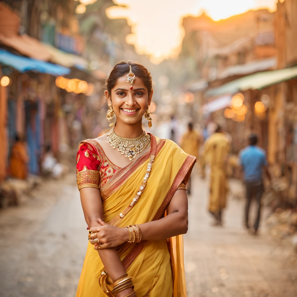 make a pic of indian girl wearing westarn dress with indian jewellery and smiling in a street india