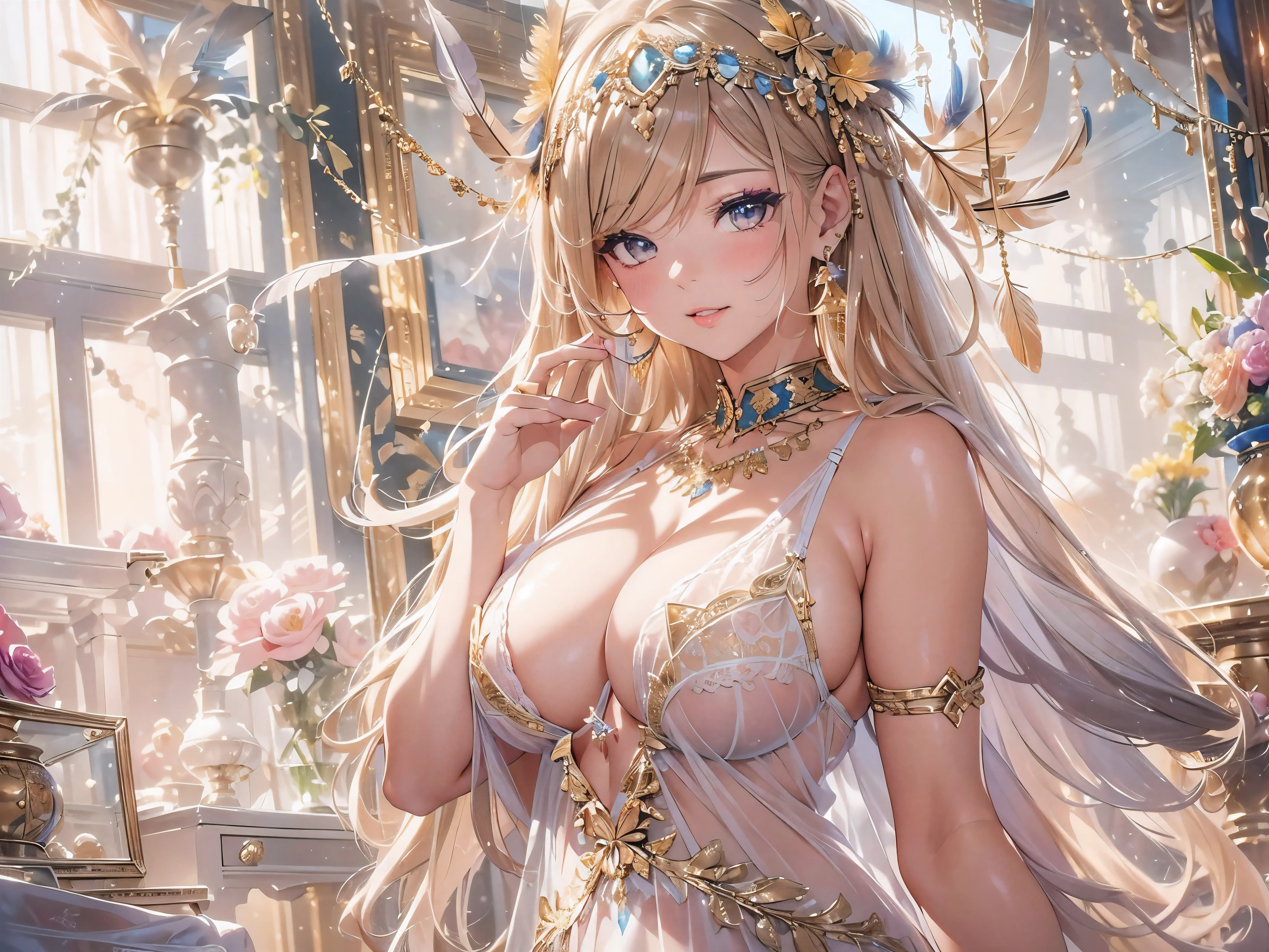 去最高のmasterpiece、beautiful美しさ, 3D two-dimensional, rich, blonde, skirt, stockings, high heels, poison、star、star、(Highly detailed CG Unity 8K wallpaper),(masterpiece), (最high quality), (Super detailed), (best work),(best shadow), (sharp eyeliner, eye shadow, fine eye:1.1), (超High resolution,realistic,最high quality,realistic),(8K,RAW photo,最high quality,マstarプル),mature woman、sensual curves、huge breasts、thighs、bubble、お尻のmasterpiece, 最high quality, Super detailed, full body shot, mature woman, beautiful mature woman, nightgown and underwear, enchanting smile, thick lips, Chubby lips, blush, looking at the viewer, provocative expression, beautiful髪型, cleavage, Plump、curvy hips、attractive face、sexy lingerie、an inviting gaze、Expression of emotions、Lewd underwear、(((erotic see-through lingerie set)))、Standing position、gorgeous accessories 、big breastsの女性, bare shoulders, golden hair, colored feather, metal ornaments, colored flowers, particle, light, (masterpiece, 最high quality, 最high quality, official art, beautiful and aesthetic:1.2), (1 girl:1.3), very detailed,(fractal art:1.1),(colorful:1.1)、(flowers:1.3),most detailed,(zentangle:1.2), (dynamic pose), (abstract background:1.3), (shiny skin), (lots of colors :1.4), ,(earrings:1.4), (feather:1.4),masterpiece, 最high quality, Super detailed, 30~40 years, full body shot, beautiful 、various hairstyles，gold headband，plump breasts，beautiful butt，greek clothing，Tulle covers the breasts，perfectly proportioned, detailed clothing details,marble，god statue，cinematic lighting, film grain, 8K, masterpiece, Super detailed, high detail, high quality, High resolution,(((NSFW:1.2)))、exposed chest、Openwork decoration，(((see through dress)))、(((解剖学的に正しいbody))) , 最high quality, Super detailed, (((Lewd underwear)))、raise your butt, from below, (((R-18)))、Hakari、thighs, big breasts, Are standing, cowboy shot, blush, (((1 girl))), (masterpiece:1.3), (High resolution), (8K), (very detailed), perfect face, Nice eye and face, (((最high quality))), (Super detailed), detailed face and eye, (alone), High resolution、beautifuleye,(((sexy pose)))、(((整ったbig breasts)))、((beautiful eye))、luxury、(((超High resolution)))、(((detailed description)))、(((ぽっちゃりbody型)))、(((解剖学的構造に一致したbodyの部位)))、beautiful長いまつ毛、バランスのとれたbody型,2 feet、Just the right size for your legs and arms、Fishnet tights、glamorous、(((Clear white and black eye)))、lipstick、Sparkling、(Undistorted face, eye, body)、jewelry、gem、(長くカールしたbeautifulまつ毛)、(((バランス良いbeautiful胸)))、(transparent, Exquisite skin:1.2)、(((完璧なglamorousボディー)))、actress face、Super beautiful、cute smile、Healing beauty、Flower shower、完璧なeye、realistic depiction、super sexy、shiny、glamorous、double eyelids、Good dark compensate、compensate、ぼやけていないeye 
