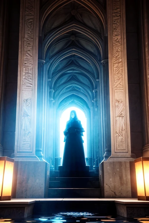 A woman stood in the courtyard，A lamp shone on her, standing over a tomb stone, cutscene clip, video Game screenshots>, Fata Morgana giant mirror, on an ancient altar, game screen, Game screenshots, 3D amazing details, Flooded temple ritual scene, Ethereal stills, Portal into another dimension