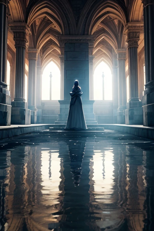 A woman stood in the courtyard,A lamp shone on her, standing over a tomb stone, cutscene clip, video Game screenshots>, Fata Morgana giant mirror, on an ancient altar, game screen, Game screenshots, 3D amazing details, Flooded temple ritual scene, Ethereal stills, Portal into another dimension