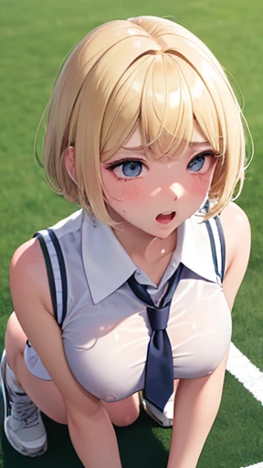 Very detailed image 8k European junior high school girl Beautiful girl Blonde Short hair Small breasts Beautiful legs Blushing Sweat outside Athletics Crawling on all fours Composition viewed from directly above Mouth wide open White skin Regretful expression School uniform Looking at each other