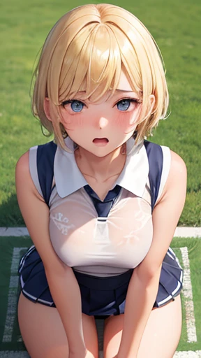 Very detailed image 8k European junior high school girl Beautiful girl Blonde Short hair Small breasts Beautiful legs Blushing Sweat outside Athletics Crawling on all fours Composition viewed from directly above Mouth wide open White skin Regretful expression School uniform Looking at each other