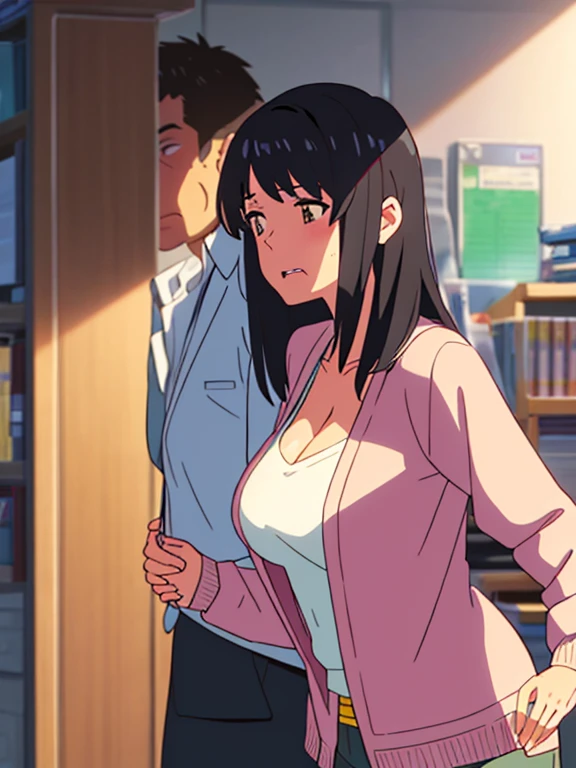 shinkai makoto, kimi no na wa., 1middle age man, wrinkle face, black hair,bangs swept to the right side, office suit, middle aged man caressing girl's body, middle aged man is hugging from behind, ear biting 1girl, bangs, black hair, brown eyes, Twisted Half Up, red ribbon, long hair, long sleeve light pink cardigan, open shirt, yellow shirt, cleavage, breast, medium breast, storage room, indoors, masterpiece, perfect anatomy, cowboyshot